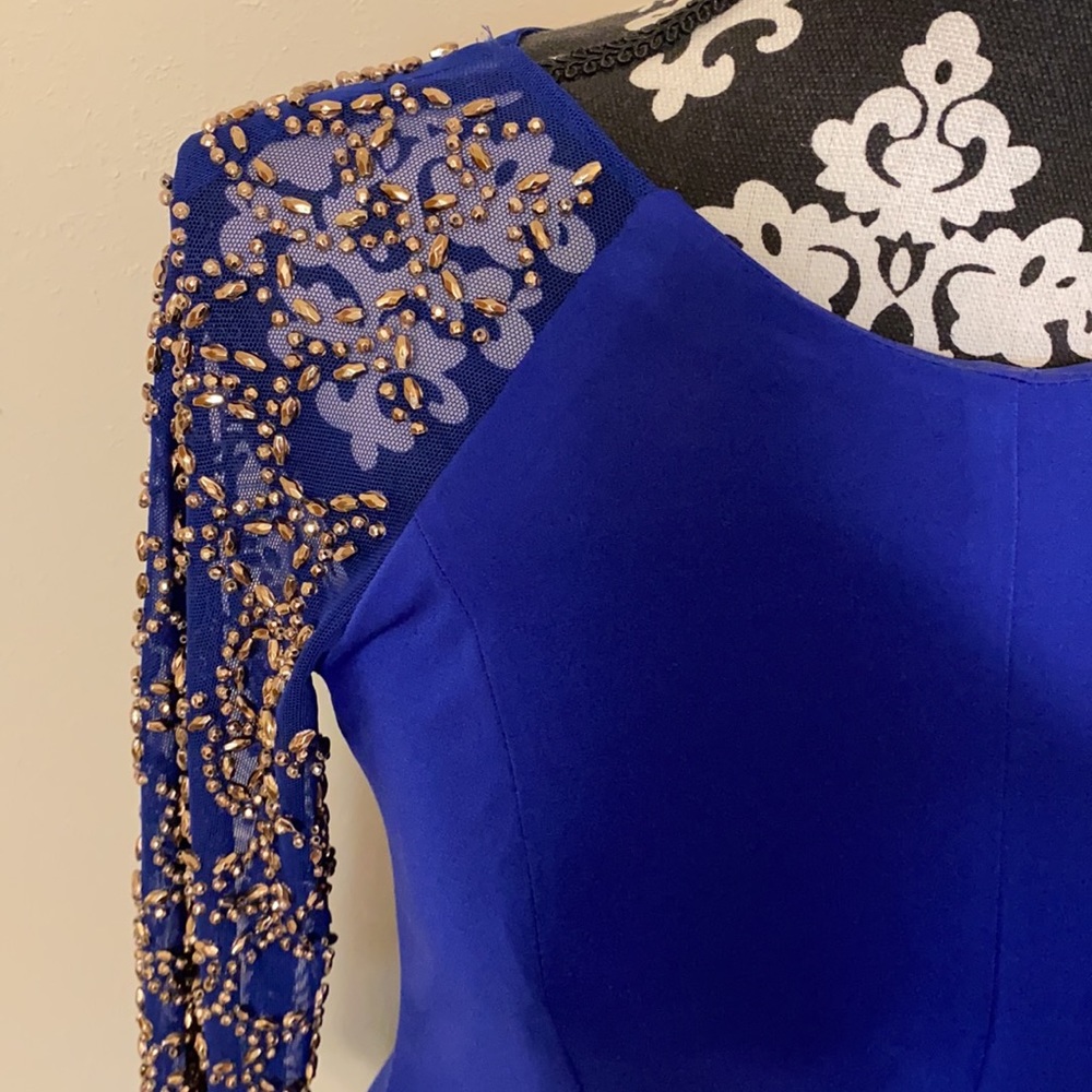 Leslie Fay royal Blue Dress with Beaded sleeves. - Picture 2 of 5
